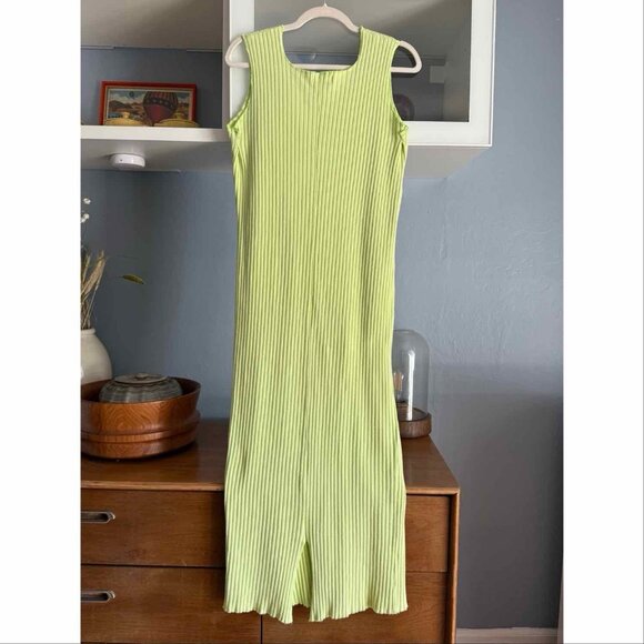 Noblu Ribbed Knit Lime Green Maxi Dress Lagenlook Minimalist Size S/M - Picture 3 of 5